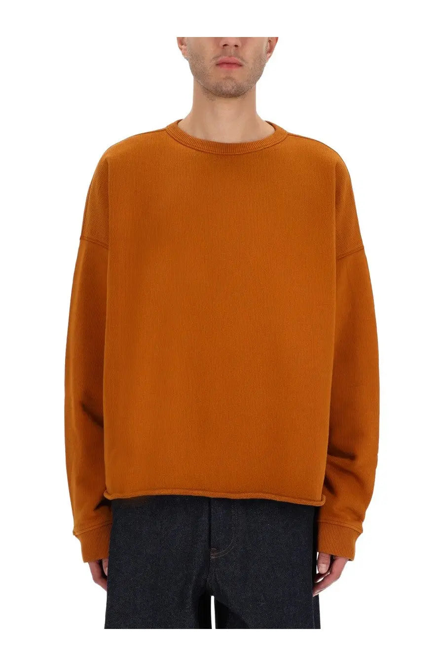 YMC men’s studio sweatshirt orange warm ribbed knit with relaxed fit and crew neckline