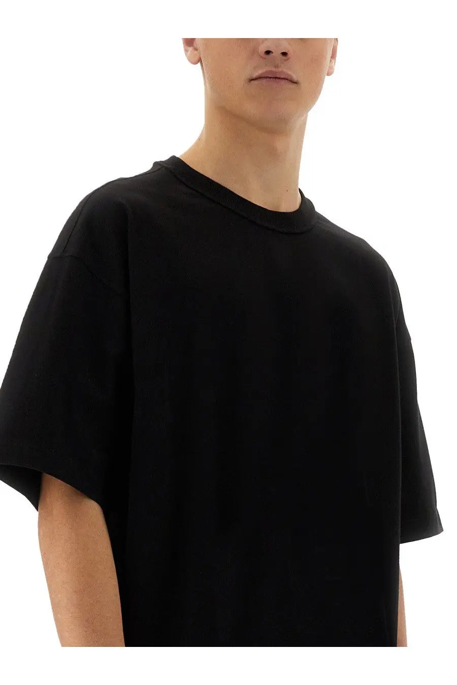 YMC men’s triple JC FM shirt black oversized crewneck t-shirt with relaxed fit and short sleeves