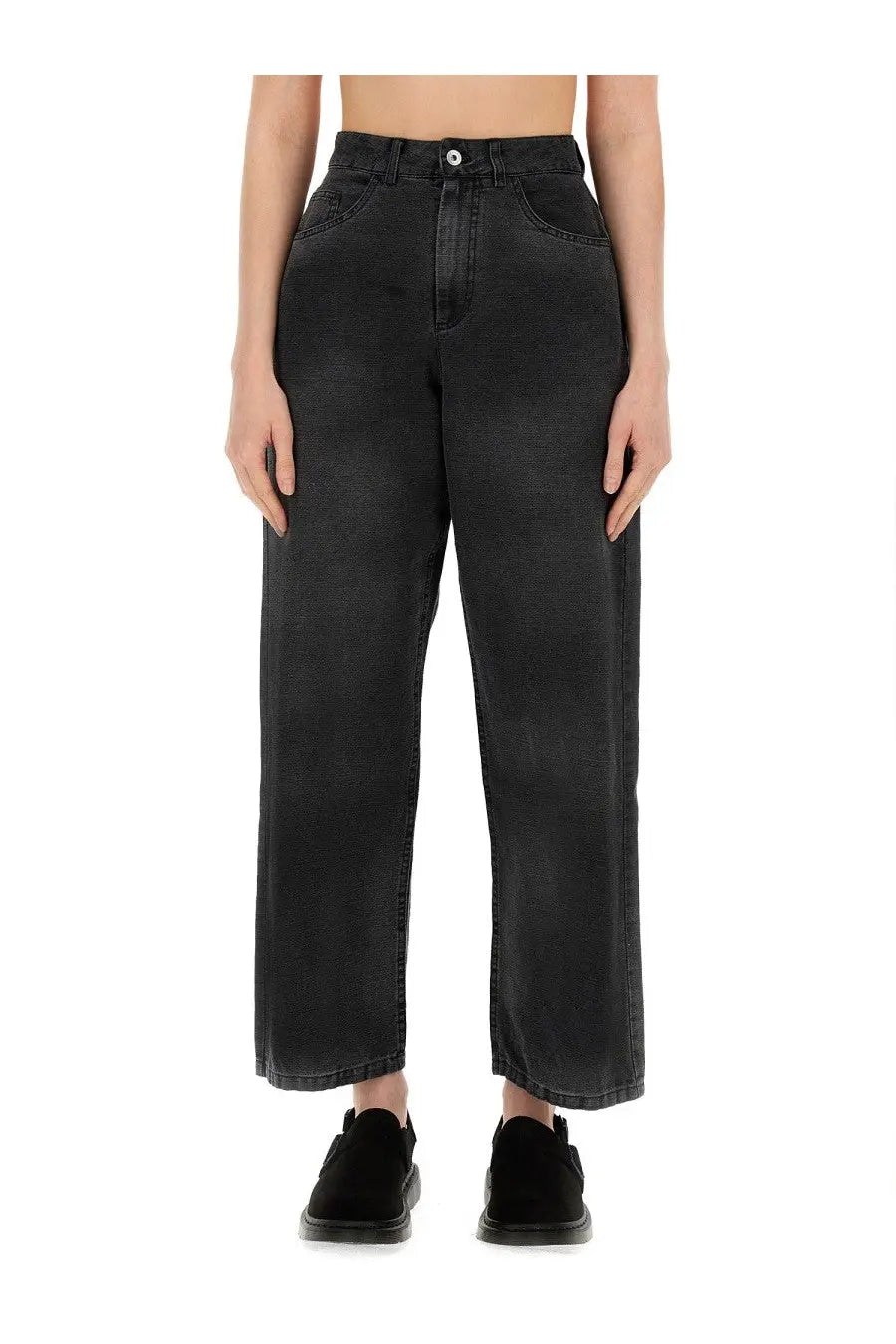 Black high-waisted wide-leg denim pants with faded wash and five-pocket design from YMC women’s jeans silver black