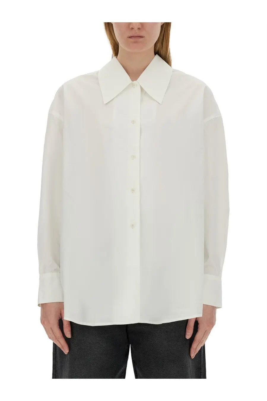 YMC women’s shirt Lena white minimalist button-down blouse with crisp collar long sleeves smooth lightweight fabric
