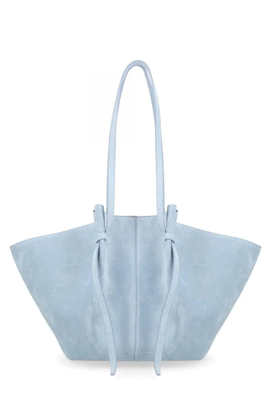 Yuzefi womens borsa mochi large blue light blue suede tote bag with slender handles and drawstring closure