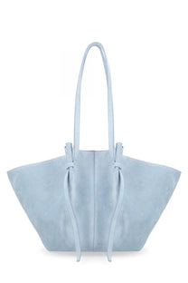 Yuzefi womens borsa mochi large blue light blue suede tote bag with slender handles and drawstring closure