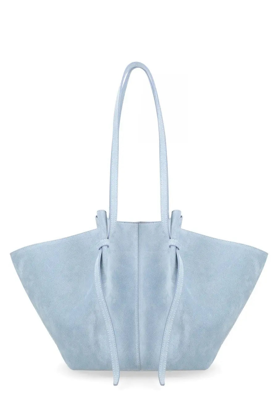 Yuzefi women’s borsa mochi large blue light blue suede tote bag with slender handles and drawstring closure