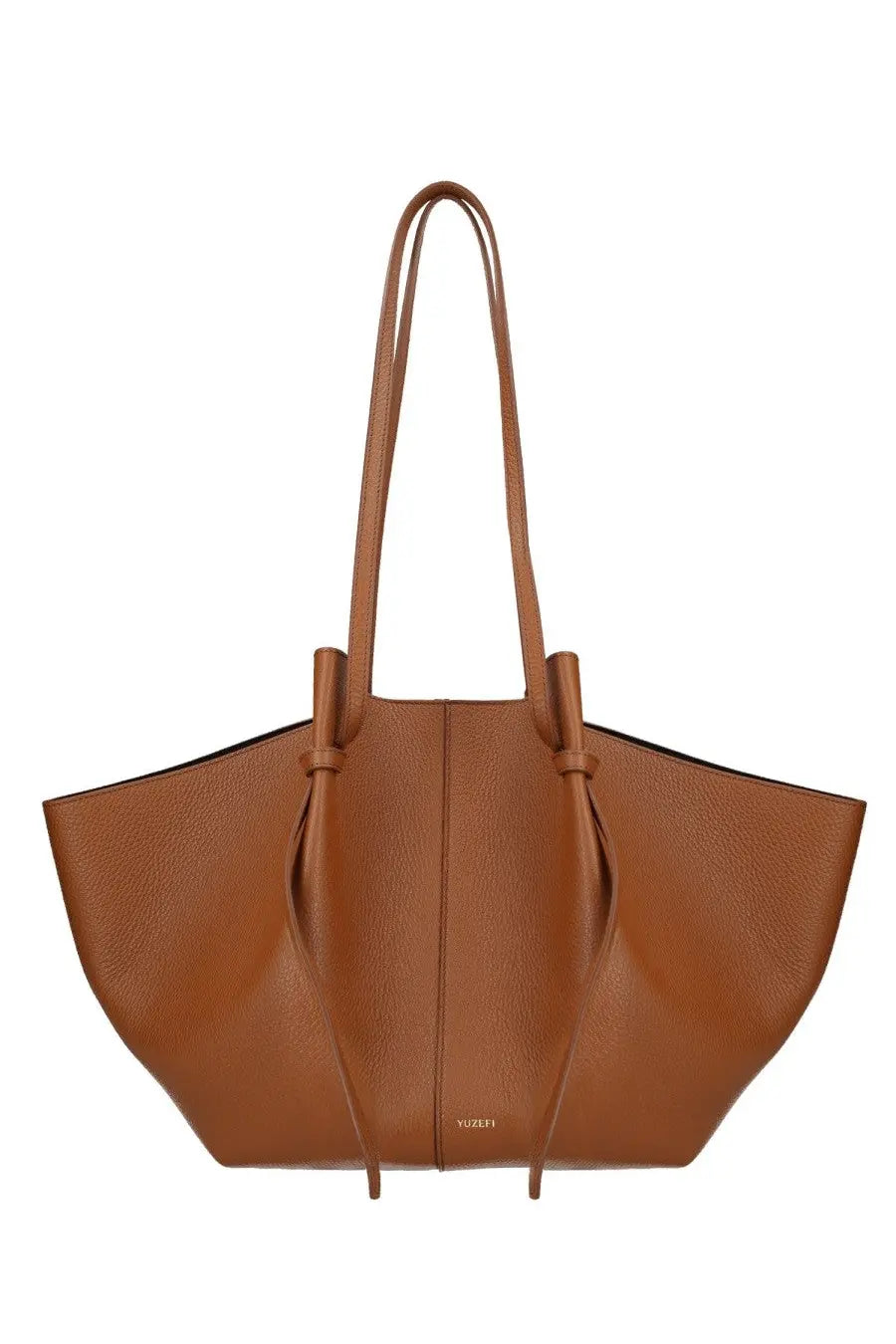Yuzefi women’s borsa mochi large brown tan leather tote bag with structured slightly flared silhouette and dual top handles