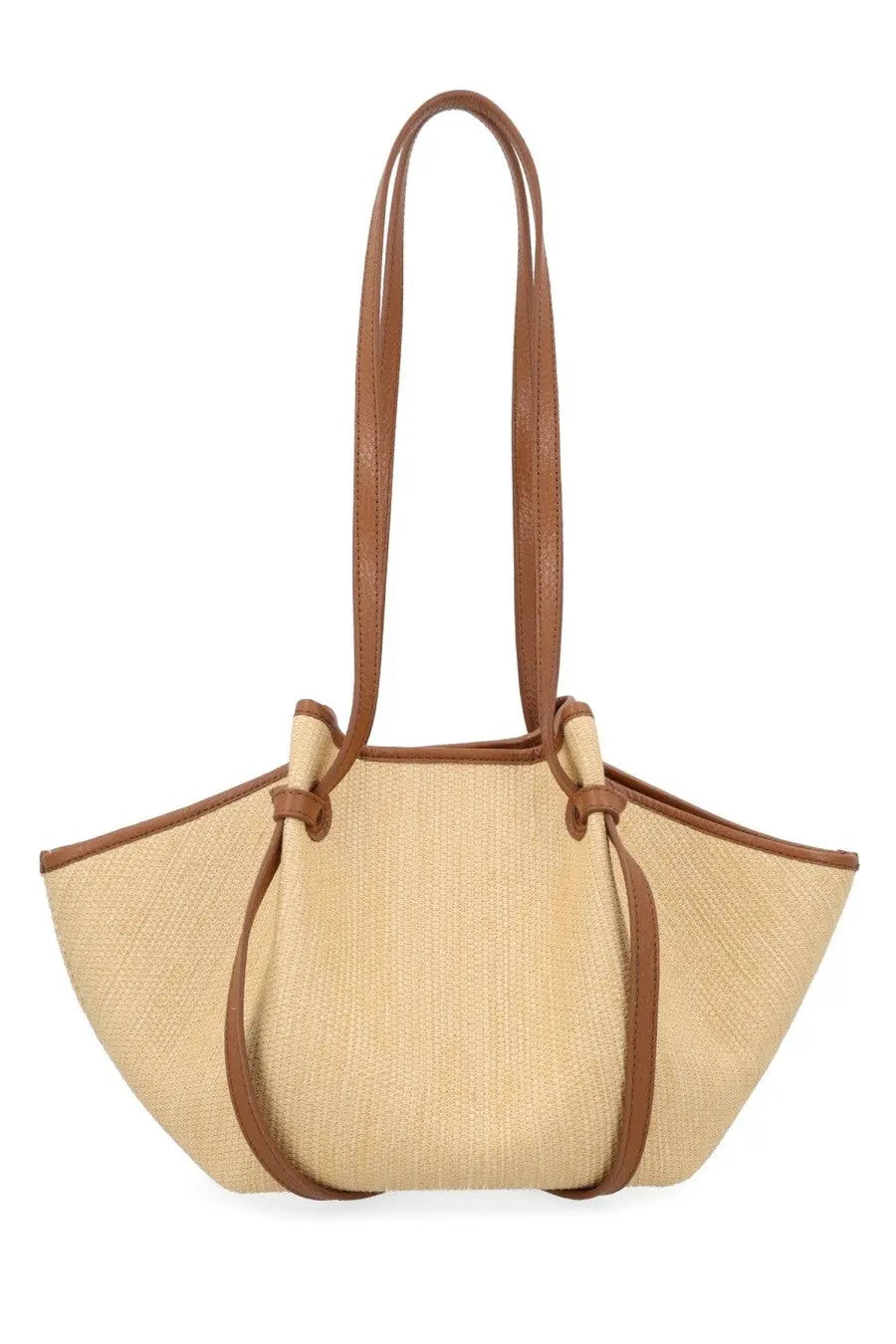 Beige woven straw tote bag with brown leather handles and trim yuzefi women’s borsa mochi in raffia beige
