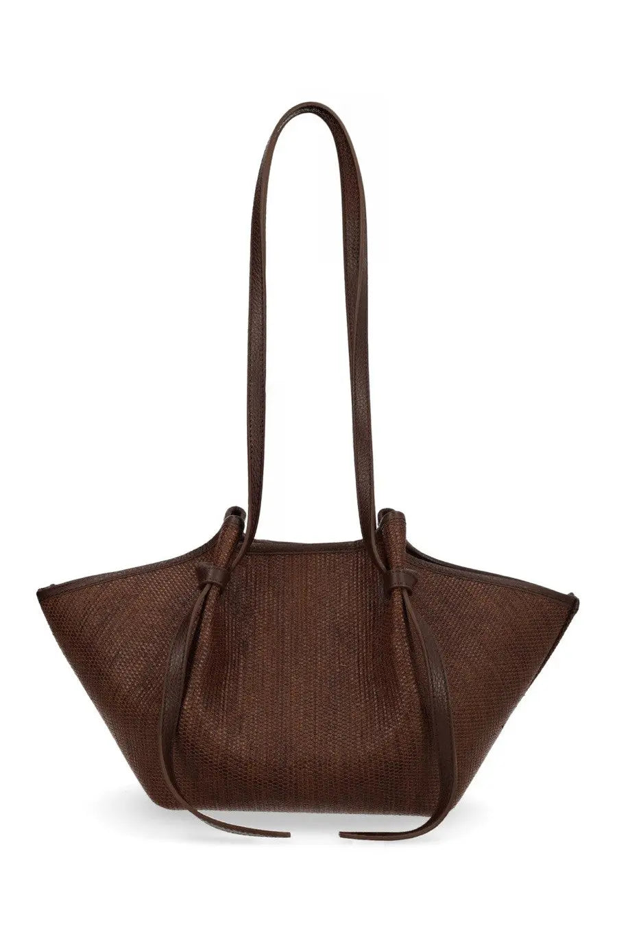 Brown woven tote bag with leather handles and tied side straps yuzefi womens borsa mochi in raffia brown