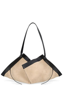 Beige and black leather shoulder bag with modern asymmetrical design from Yuzefi womens borsa wonton beige collection
