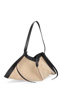 Beige canvas shoulder bag with black leather trim and handles from yuzefi womens borsa wonton beige collection