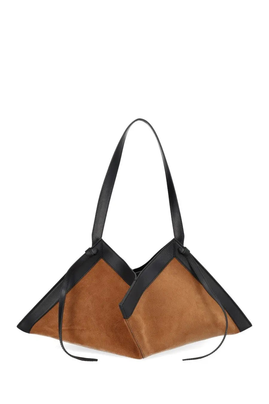 Yuzefi women’s borsa wonton beige tan suede and black leather geometric shoulder bag with modern angular design