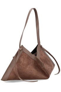 Yuzefi women’s borsa wonton brown taupe suede shoulder bag with structured geometric design and smooth leather trim