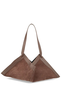 Yuzefi womens Borsa Wonton brown taupe suede tote bag with geometric design and contrasting brown leather straps