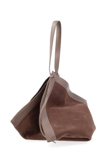 A taupe suede and leather bucket bag with drawstring closure from yuzefi womens borsa wonton large brown collection