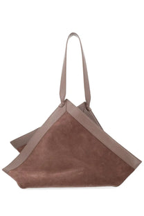 Yuzefi women’s borsa wonton large brown taupe suede tote bag with lighter brown leather trim and handles