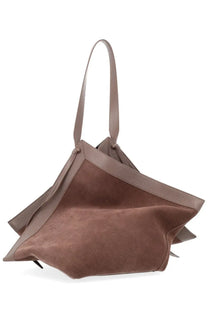 Yuzefi women’s borsa wonton large brown taupe suede tote bag with smooth leather trim and handles