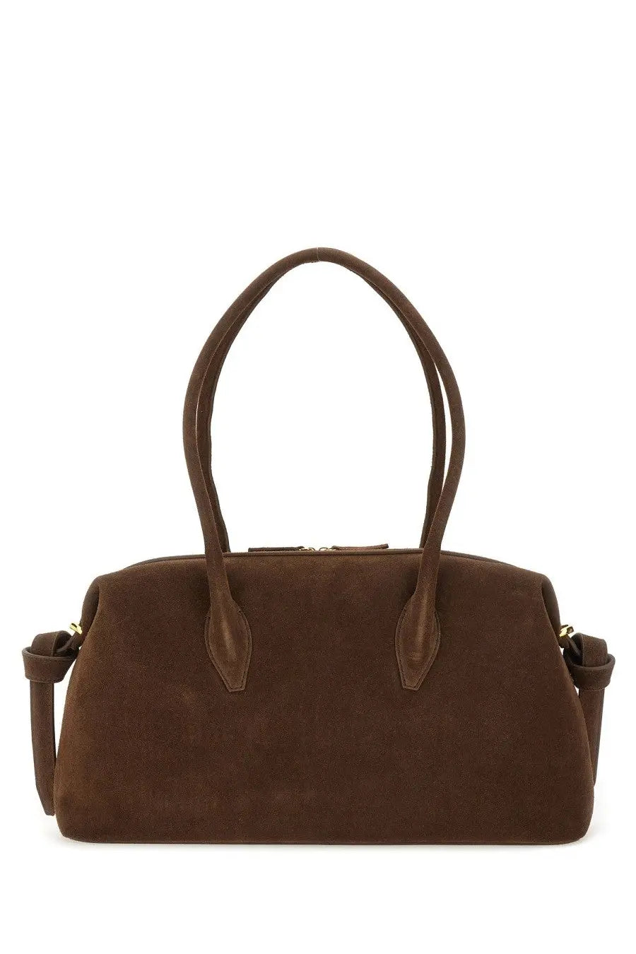 Brown suede yuzefi women’s brioche duffle bag with rounded top handles and detachable shoulder strap