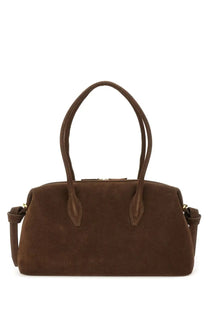 Brown suede yuzefi women’s brioche duffle bag with rounded top handles and detachable shoulder strap