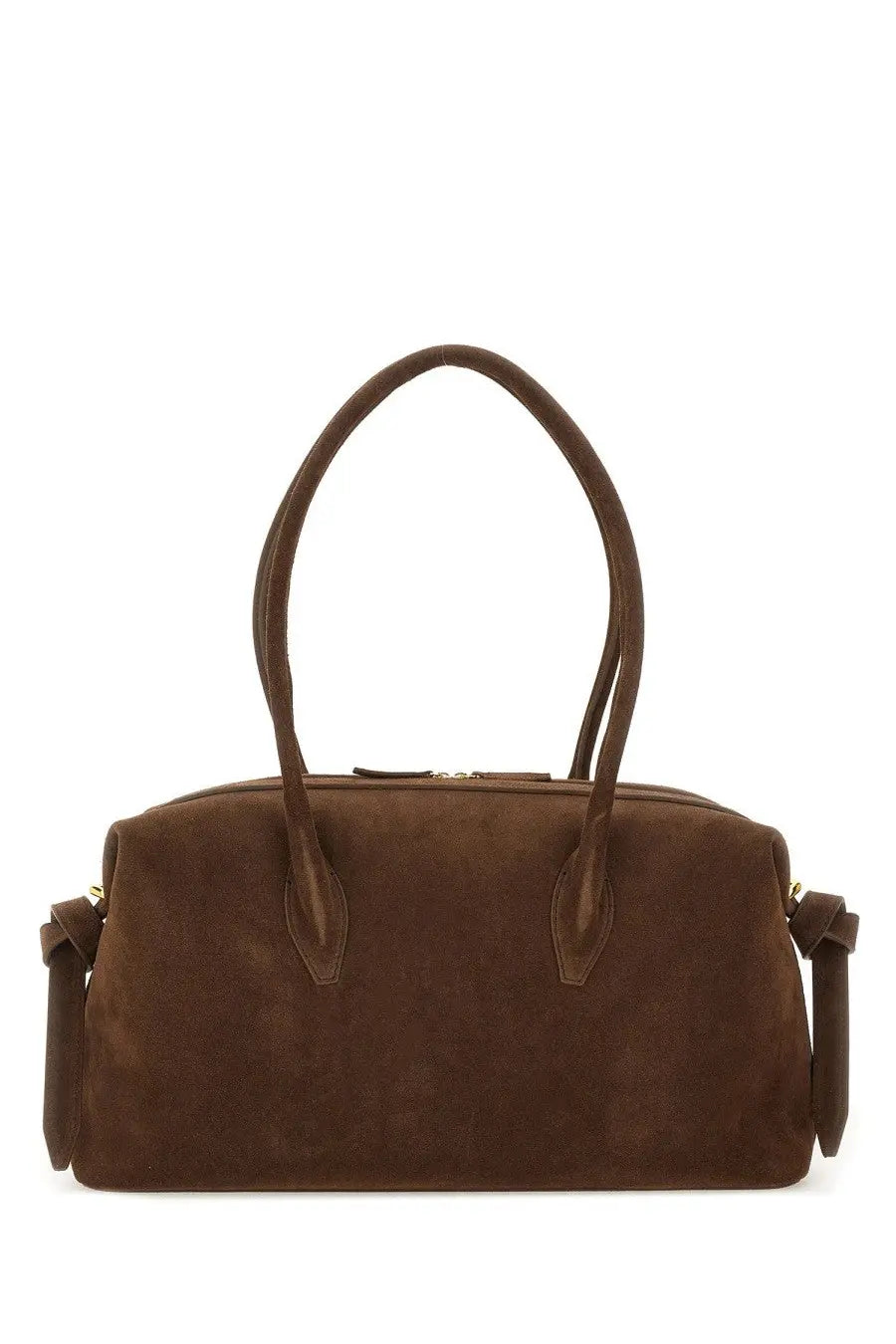 Brown suede yuzefi women’s brioche duffle bag with rounded top handles and detachable shoulder strap