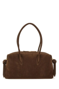 Brown suede yuzefi women’s brioche duffle bag with rounded top handles and detachable shoulder strap