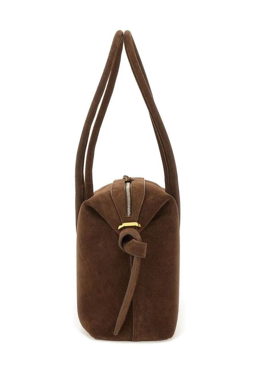 Yuzefi women’s brioche duffle bag brown suede tote with gold-tone zipper and matching leather tie closure