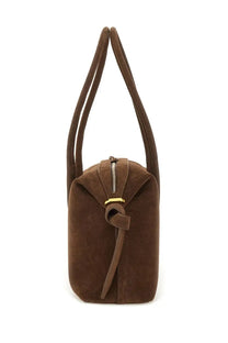 Yuzefi women’s brioche duffle bag brown suede tote with gold-tone zipper and matching leather tie closure