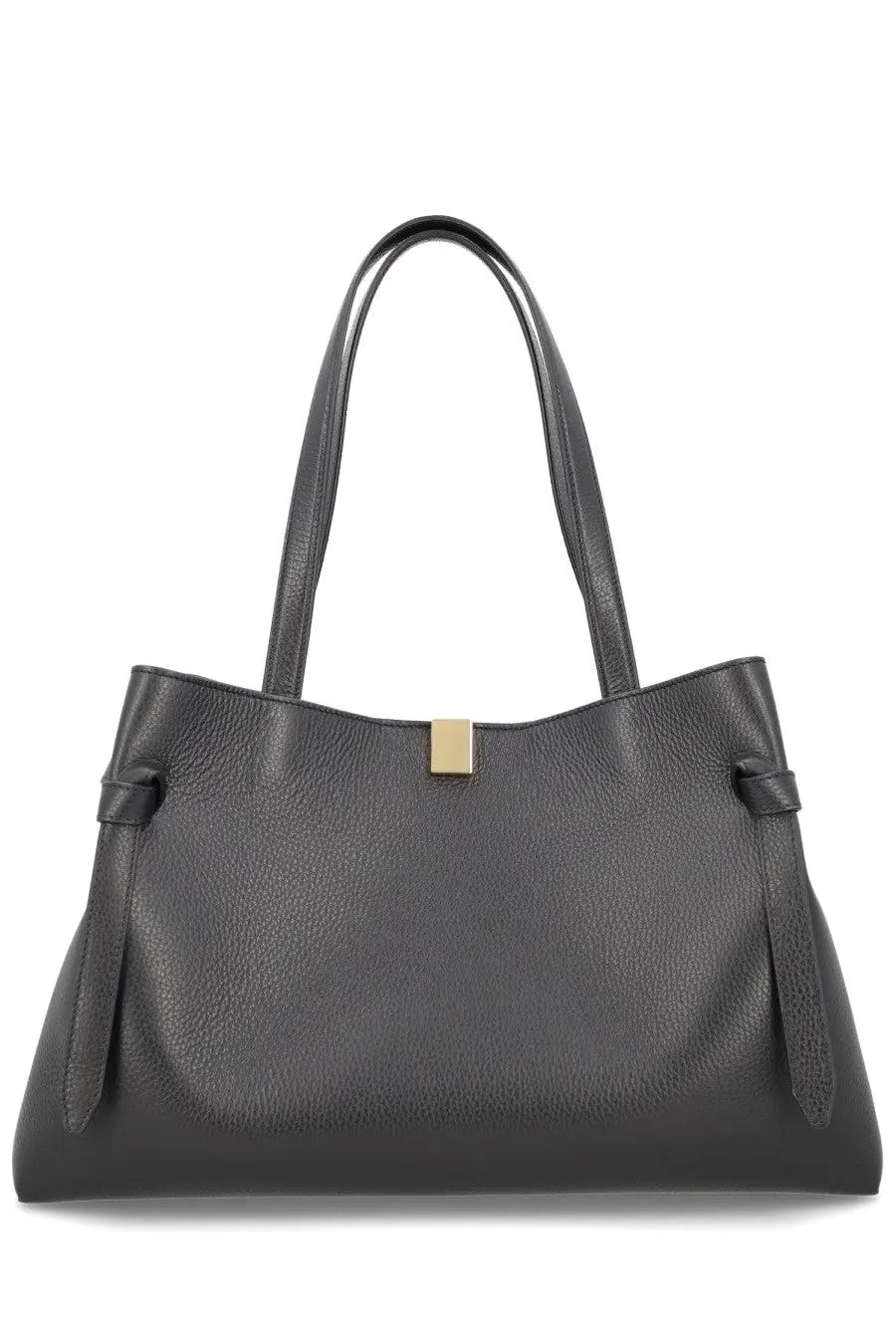 Yuzefi women’s gyoza tote bag in black pebbled leather with gold-tone rectangular clasp and tied side flaps
