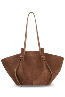 Brown suede tote bag with long handles and drawstring closure from yuzefi womens large mochi bag collection