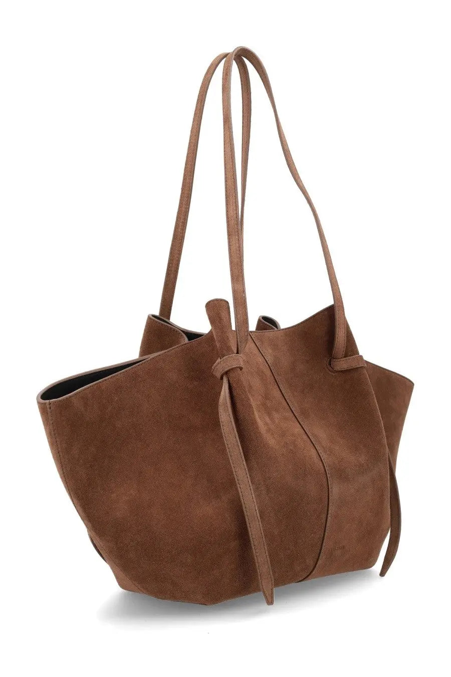 Brown suede yuzefi womens large mochi tote bag with long handles and drawstring closure