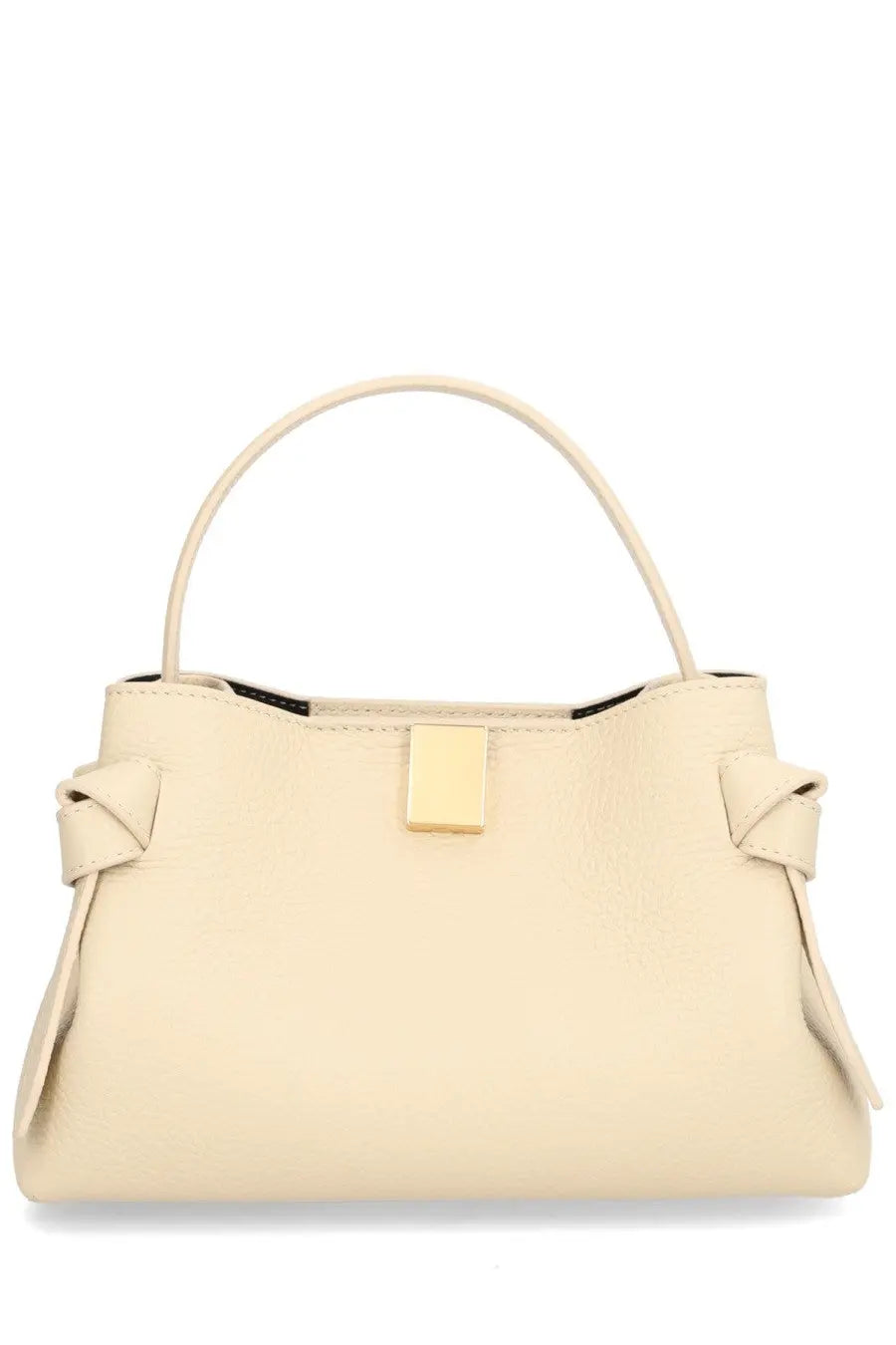 Cream-colored leather yuzefi womens mini gyoza bag with gold-tone rectangular clasp and tied bow details on sides