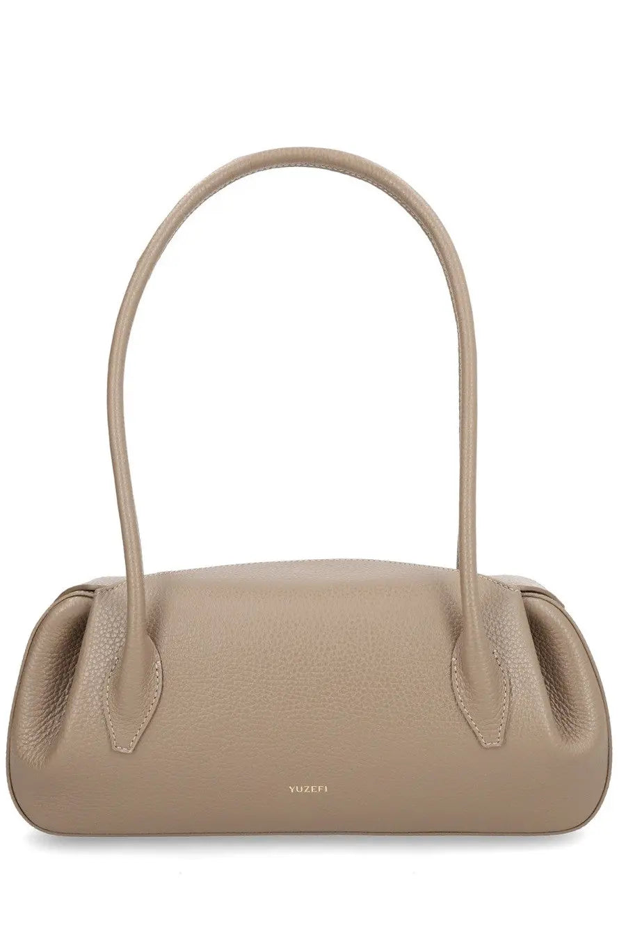 Yuzefi women’s oyster bag small grey beige pebbled leather handbag with curved top handles and minimalist design