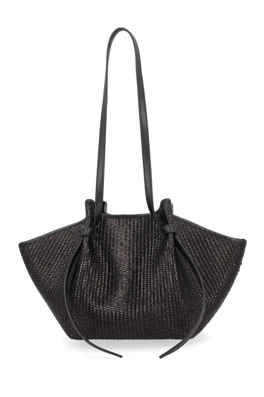 Black woven raffia tote bag with leather straps and drawstring closure by Yuzefi for women