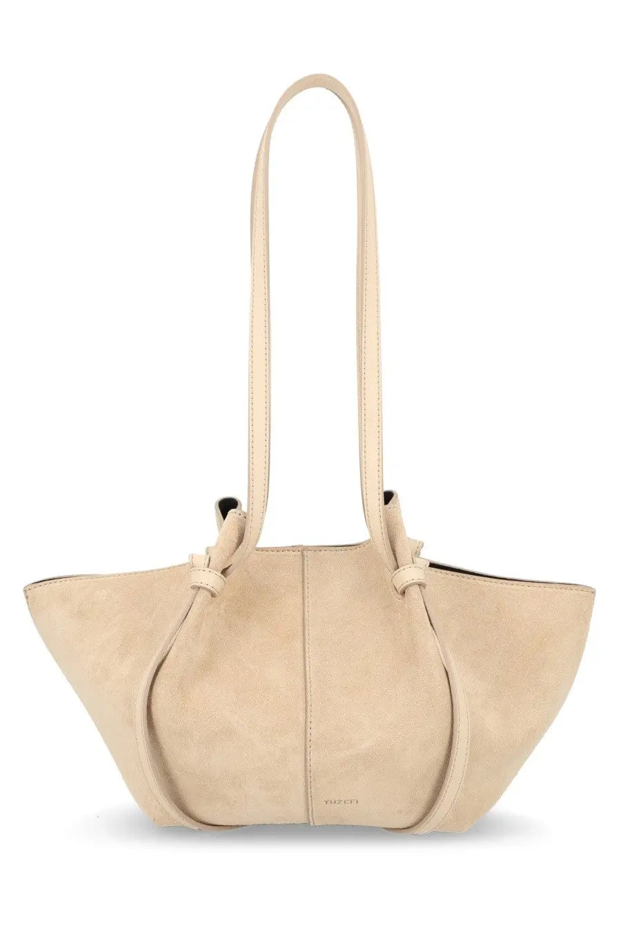 Beige suede tote bag with long handles and minimalist design from yuzefi womens small mochi bag collection