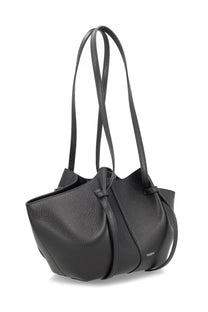 Black pebbled leather yuzefi women’s small mochi shoulder bag with dual straps and subtle brand logo on the side