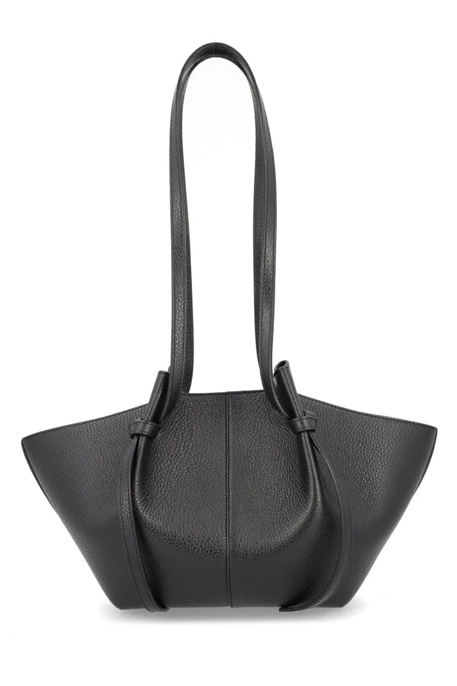 Yuzefi women’s small mochi bag in black black pebbled leather tote with structured slightly flared silhouette and dual handles
