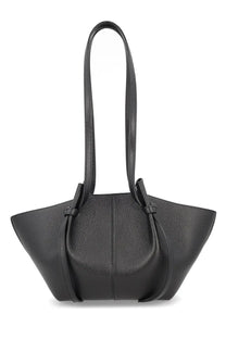 Yuzefi women’s small mochi bag in black black pebbled leather tote with structured slightly flared silhouette and dual handles