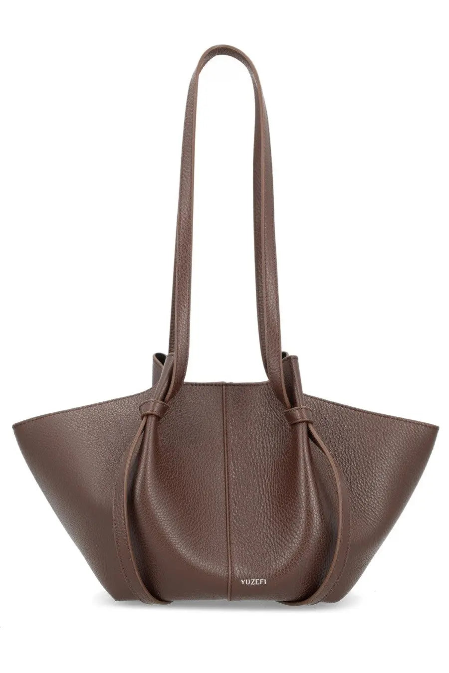 Brown pebbled leather tote bag with structured silhouette and bow-tied dual top handles yuzefi women’s small mochi bag