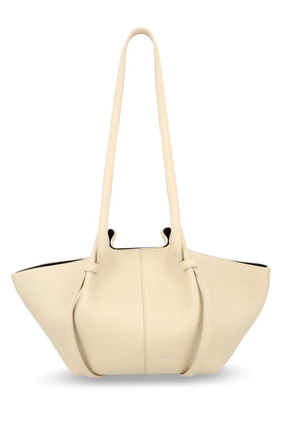 Cream-colored leather tote bag with minimalist design and black interior lining yuzefi womens small mochi bag white