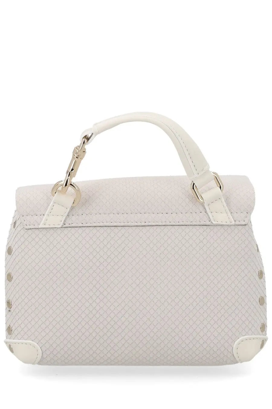 A sleek white zanellato women’s baby postina amoretto handbag with woven texture and silver-toned studs
