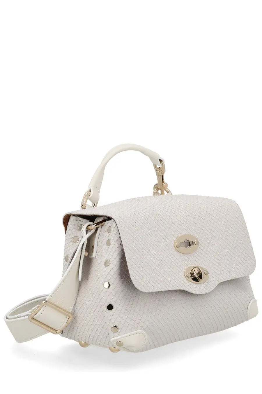 Zanellato women’s baby postina amoretto white snakeskin handbag with gold hardware and detachable shoulder strap