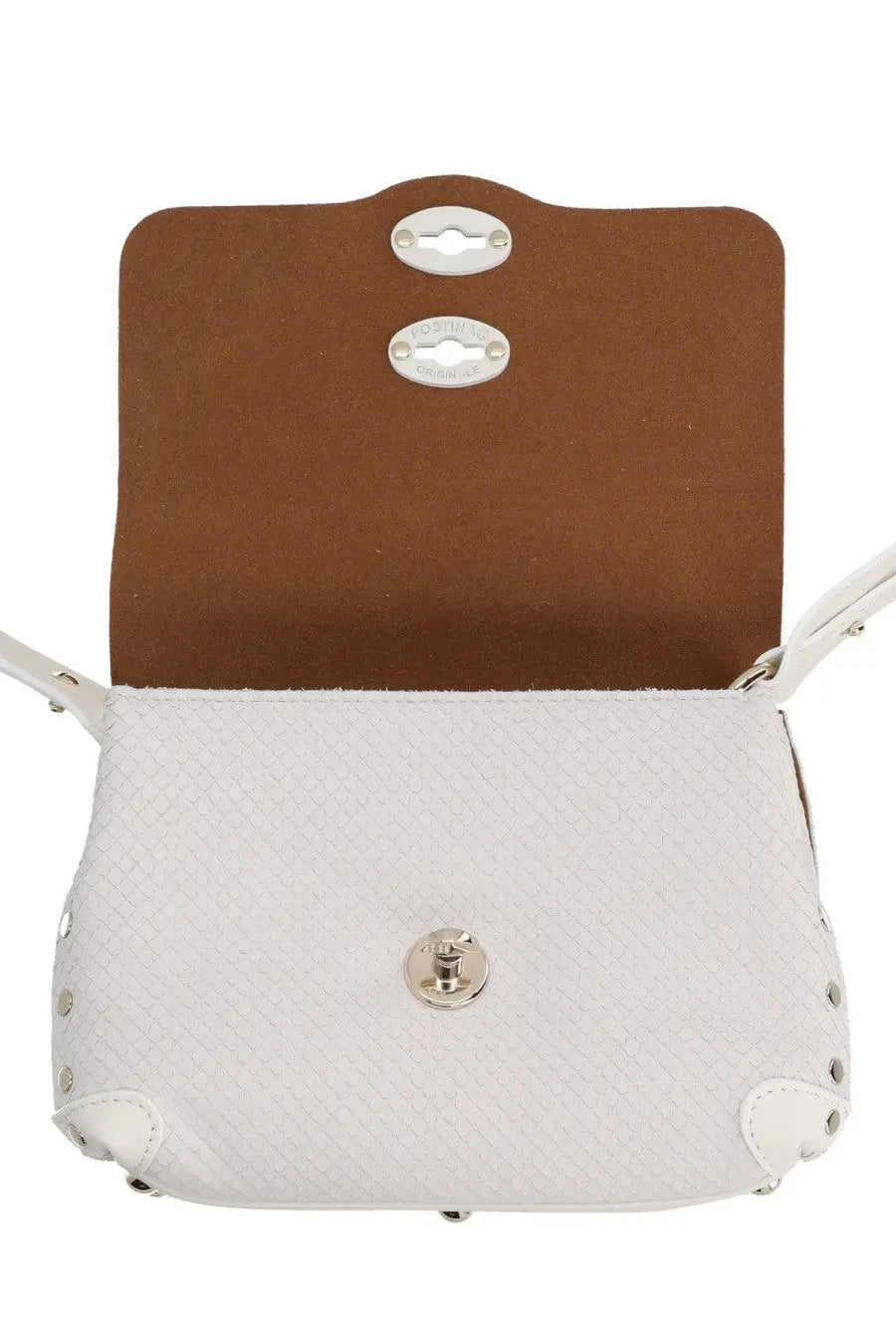 Zanellato women’s baby postina amoretto white crossbody bag with textured leather brown interior and silver-tone hardware