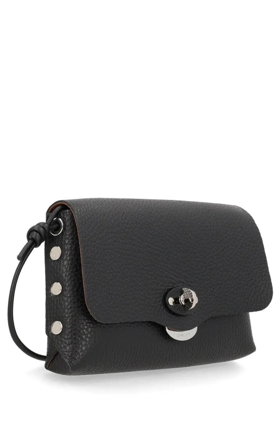 Zanellato women’s borsa lettera daily black textured leather crossbody bag with silver-toned studs and circular clasp