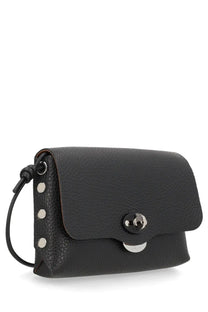 Zanellato women’s borsa lettera daily black textured leather crossbody bag with silver-toned studs and circular clasp