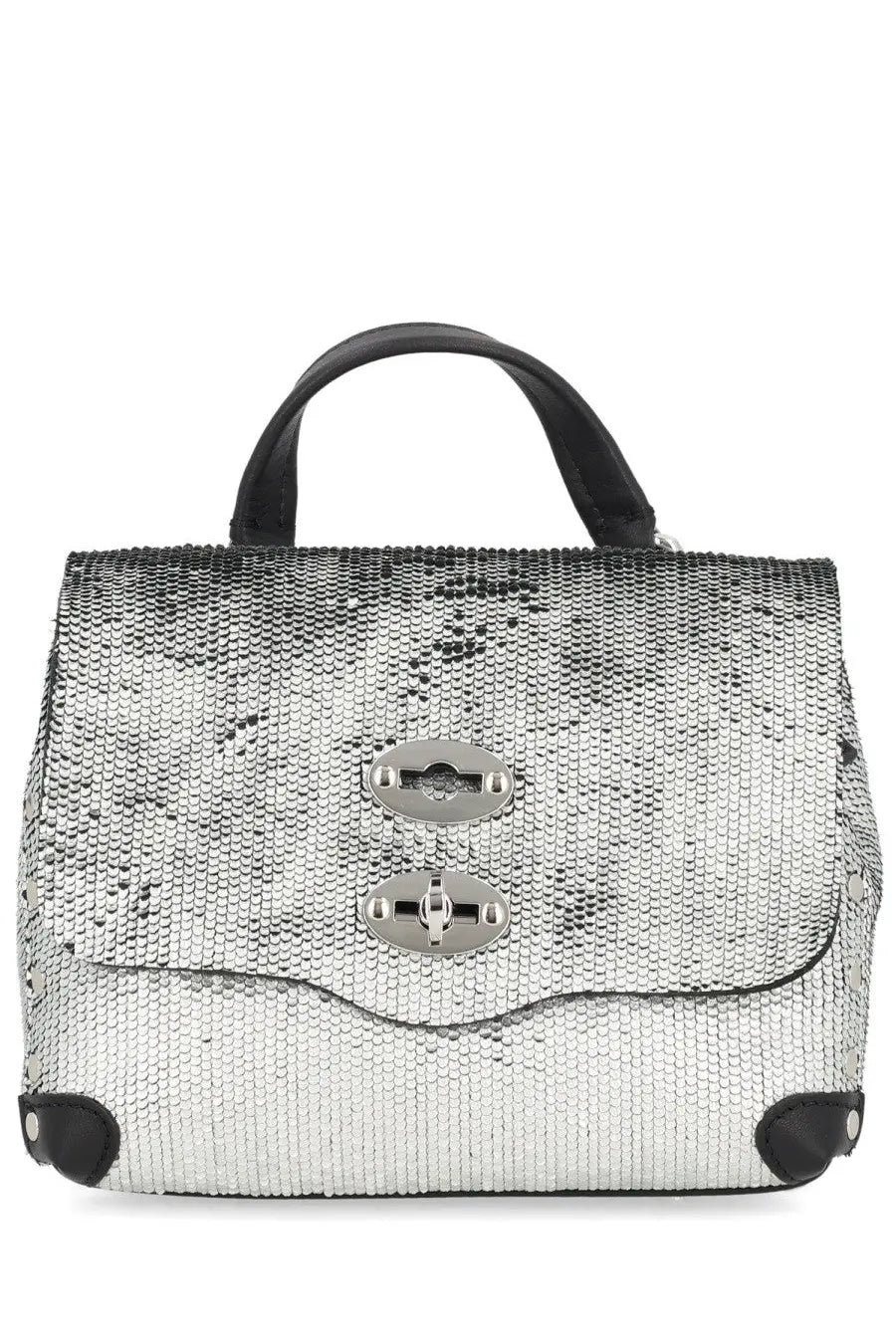 Zanellato women’s borsa postina cbi silver sequined handbag with black leather handles and metallic clasps