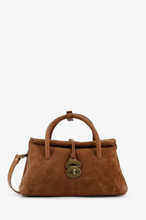 Zanellato women’s dotta suede crossbody bag in brown with brass lock and matching leather handles
