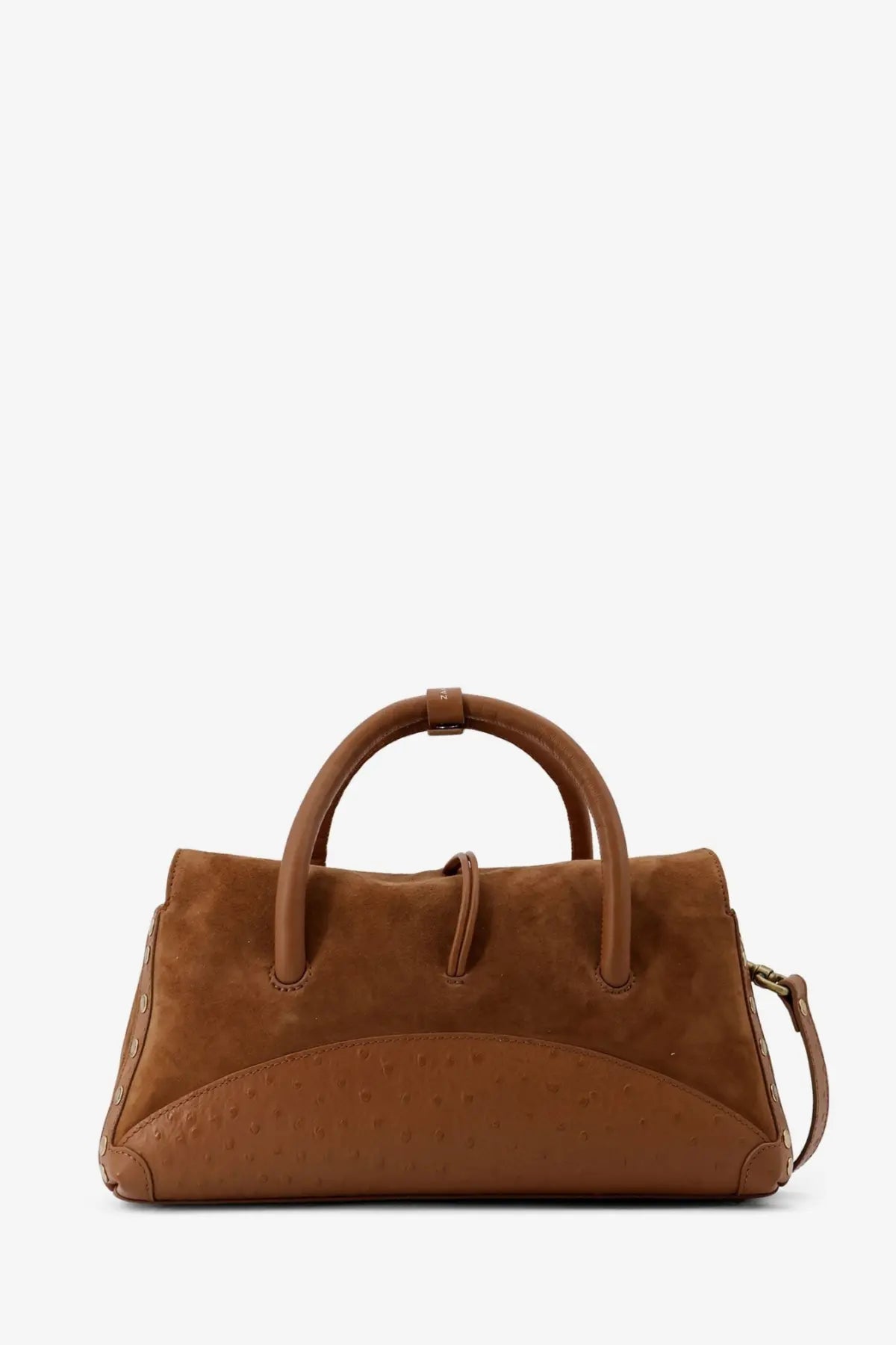 Zanellato women’s dotta suede crossbody bag in brown with curved top handle and ostrich-embossed front panel