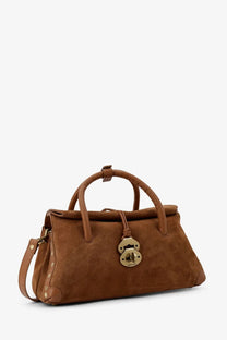 Zanellato women’s dotta suede crossbody bag in brown with gold-tone padlock clasp and matching handles