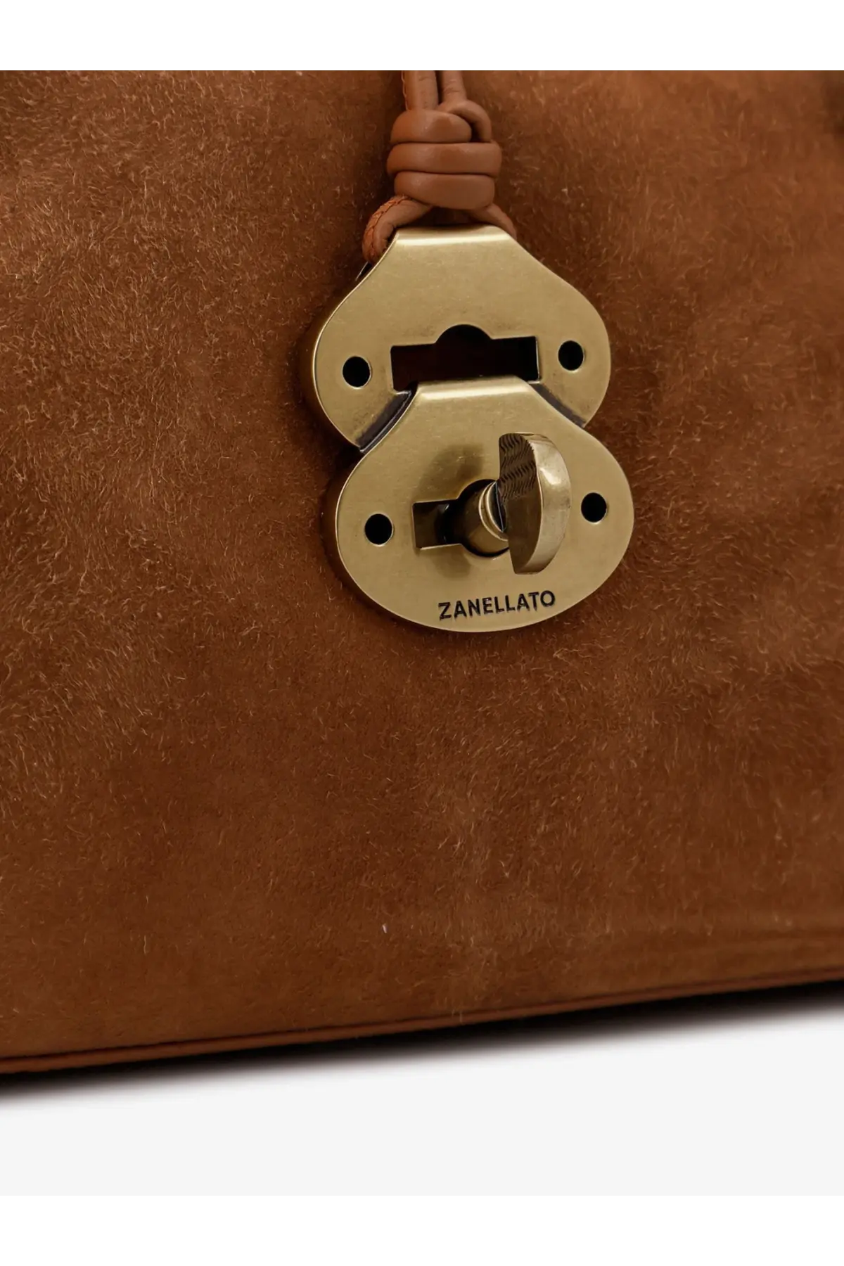 Zanellato women’s dotta tan suede crossbody bag with brass oval lock engraved with brand name on lower plate