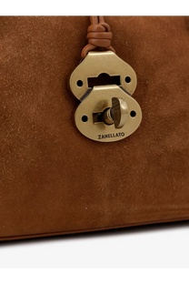 Zanellato women’s dotta tan suede crossbody bag with brass oval lock engraved with brand name on lower plate
