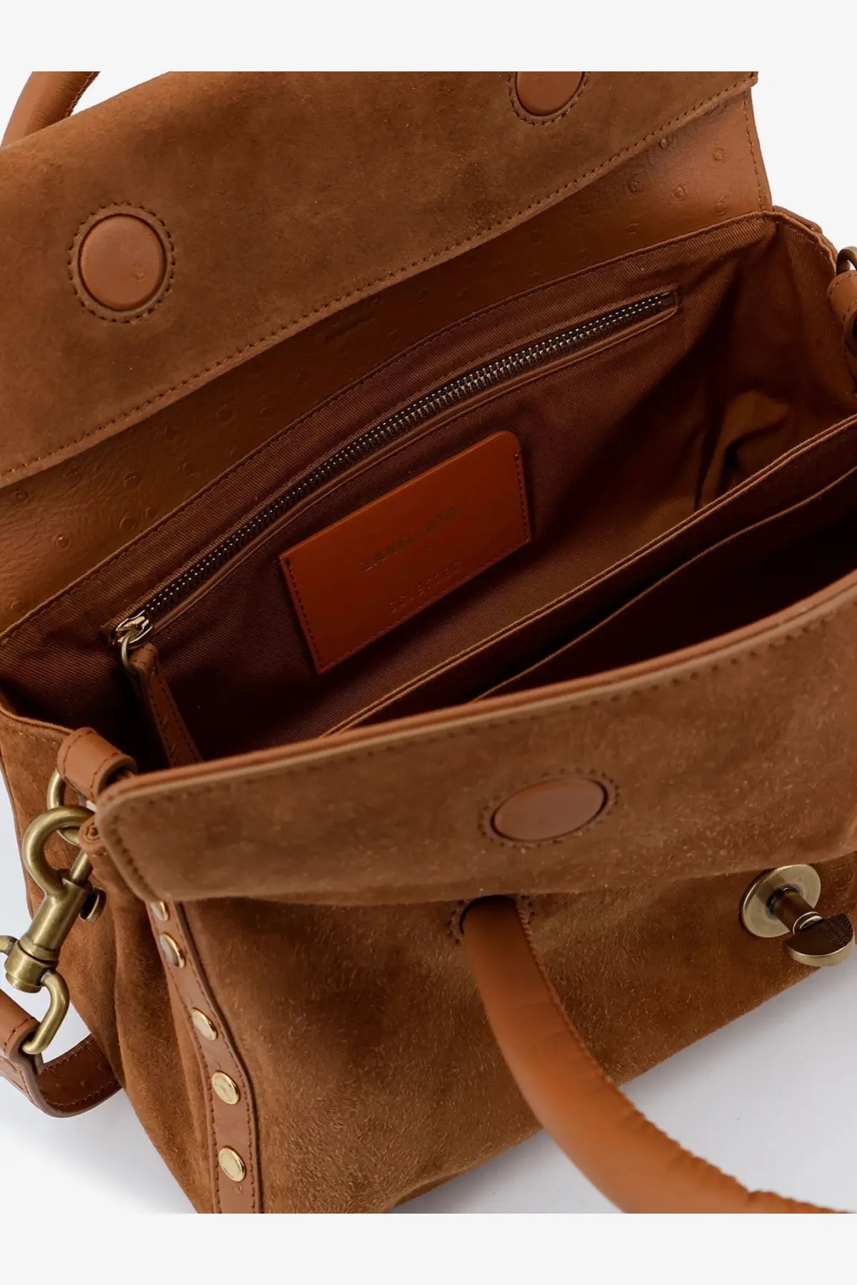 Zanellato women’s dotta suede crossbody bag in brown with tan suede, flap closure, brass hardware, and studded side detailing