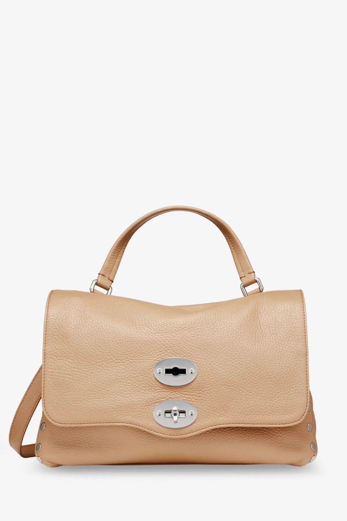 Beige zanellato women’s hammered leather satchel with silver toned hardware and top handle for daily use