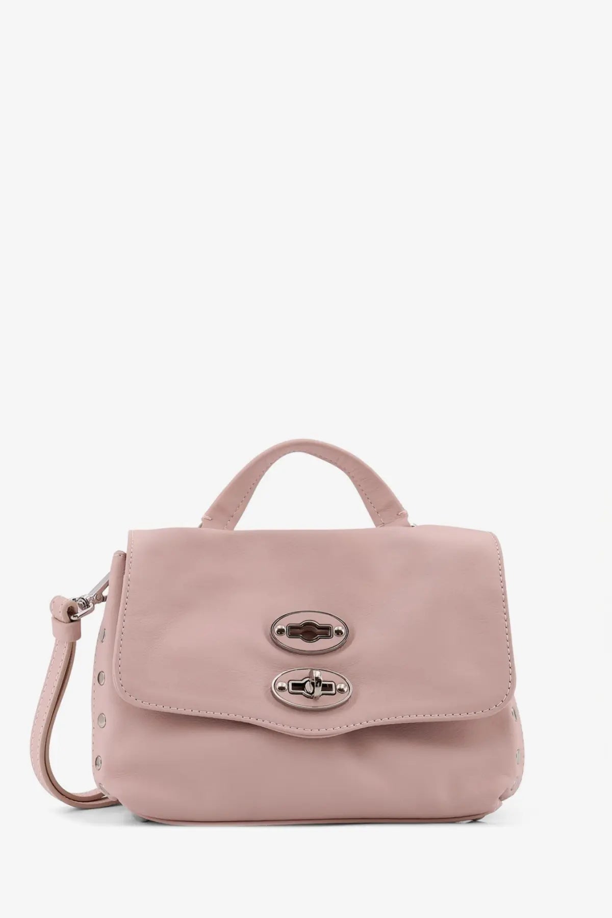 Zanellato women’s soft pink leather satchel with top handle detachable shoulder strap and oval metal clasps